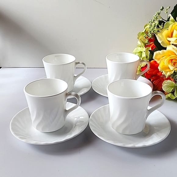8 piece of Corelle/Corning Swirl Pattern 4 Saucers & 4 Coffee/Tea Mugs. USA - Picture 2 of 13